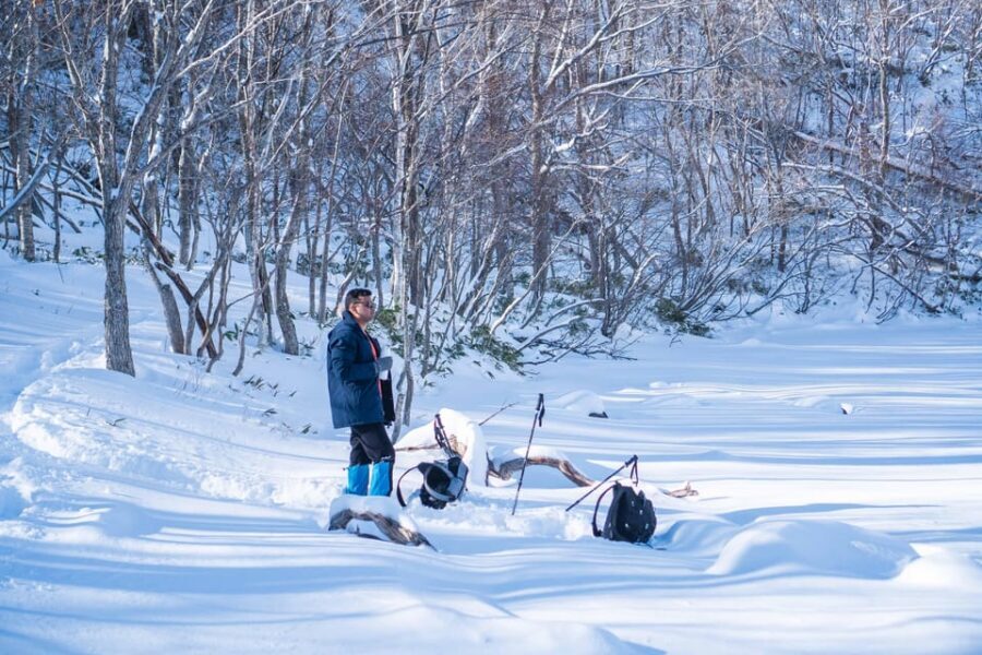 Lake Tachibana: Snowshoe to a frozen lake! - Lake Tachibana stop: hot drink, ice formations, and quiet moments