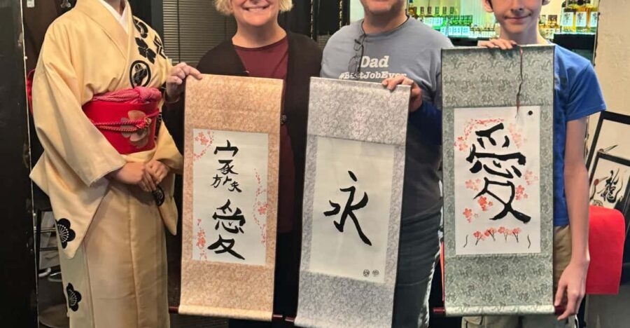 Tokyo: Calligraphy on Kanji Fan & Scroll with Drink - Brush strokes and character meaning in plain English